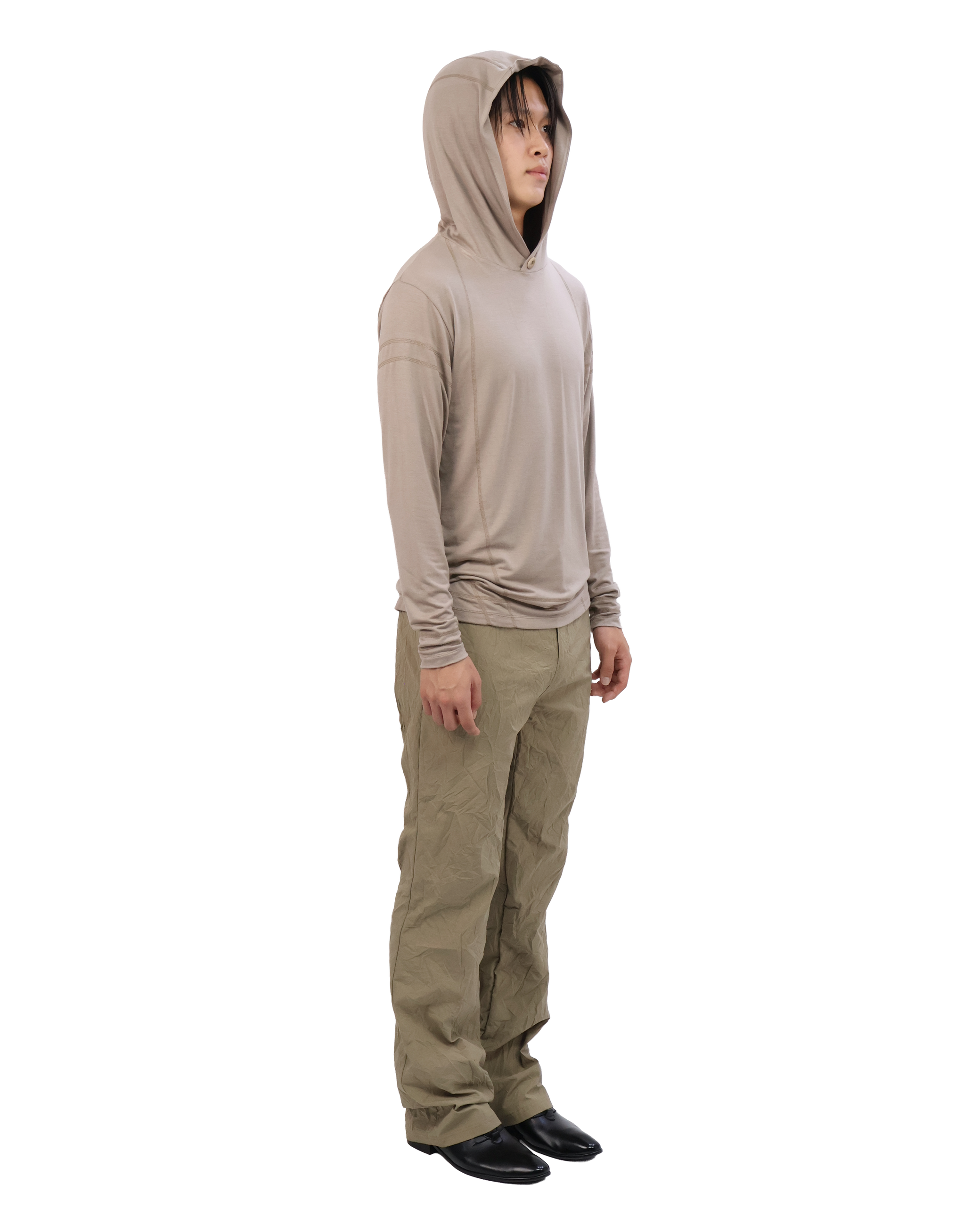 Buttoned Neck Hoodie -  Beige