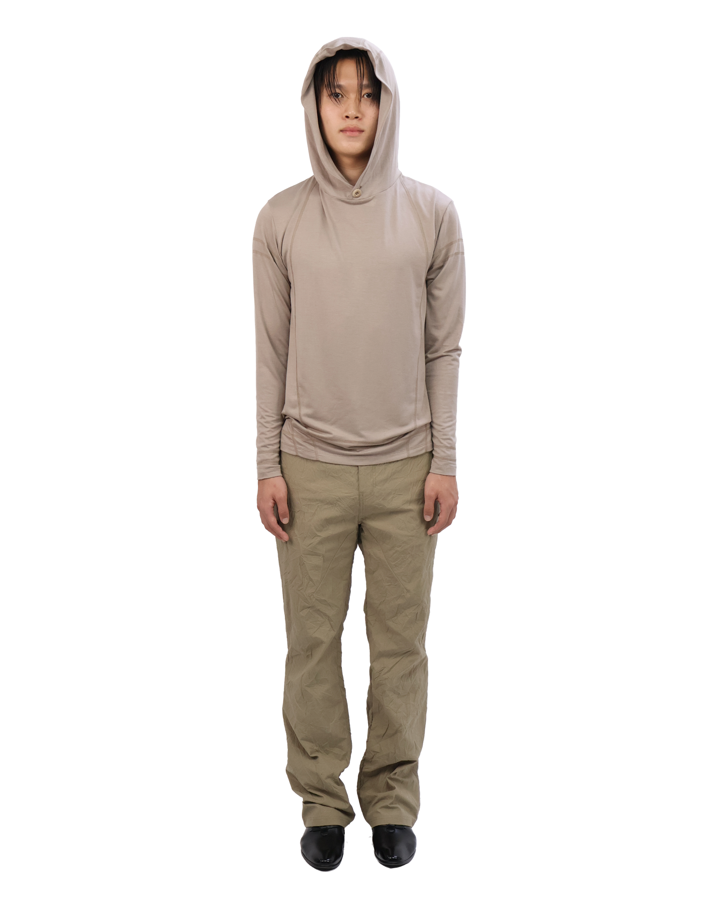 Buttoned Neck Hoodie -  Beige