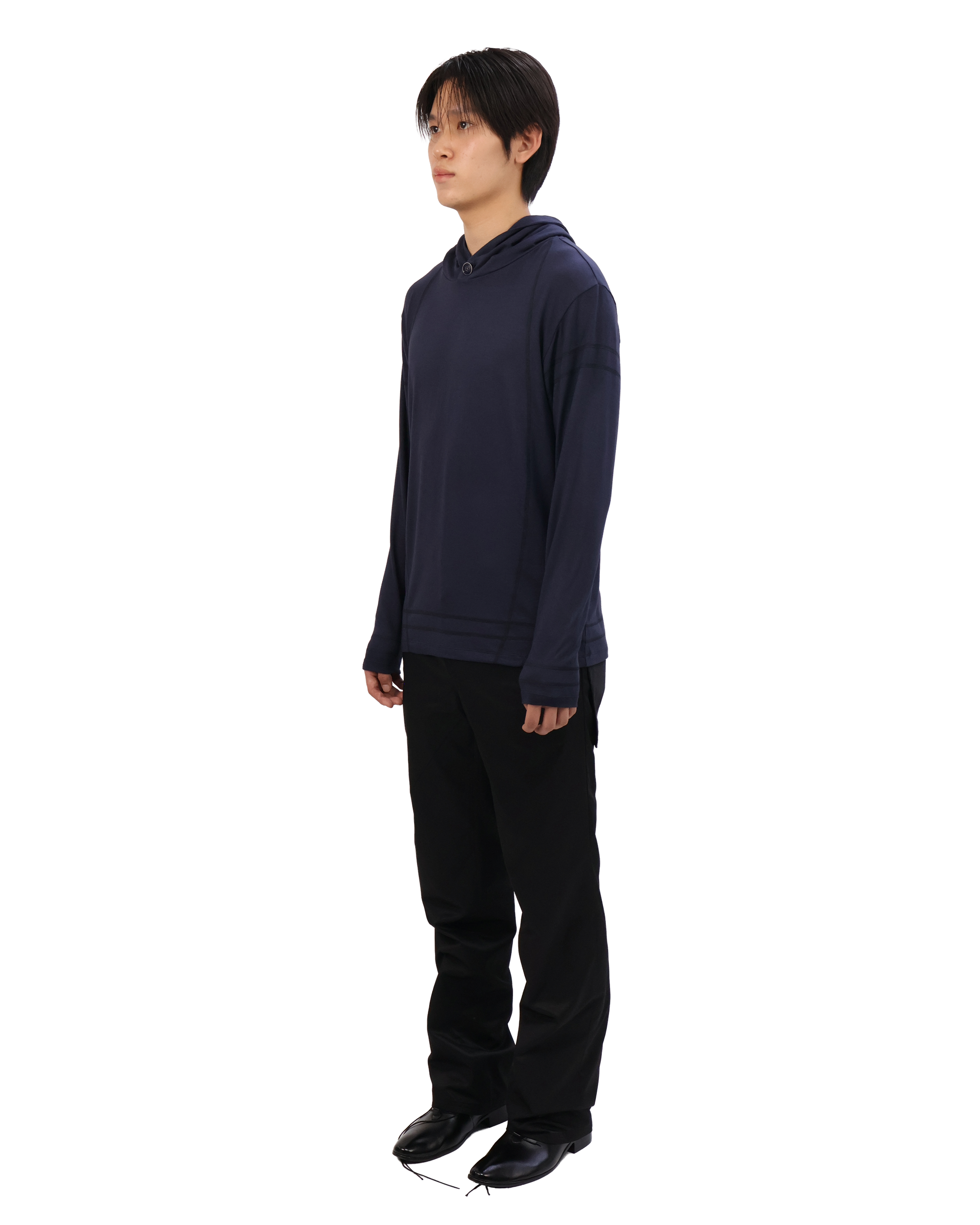 Buttoned Neck Hoodie -  Navy