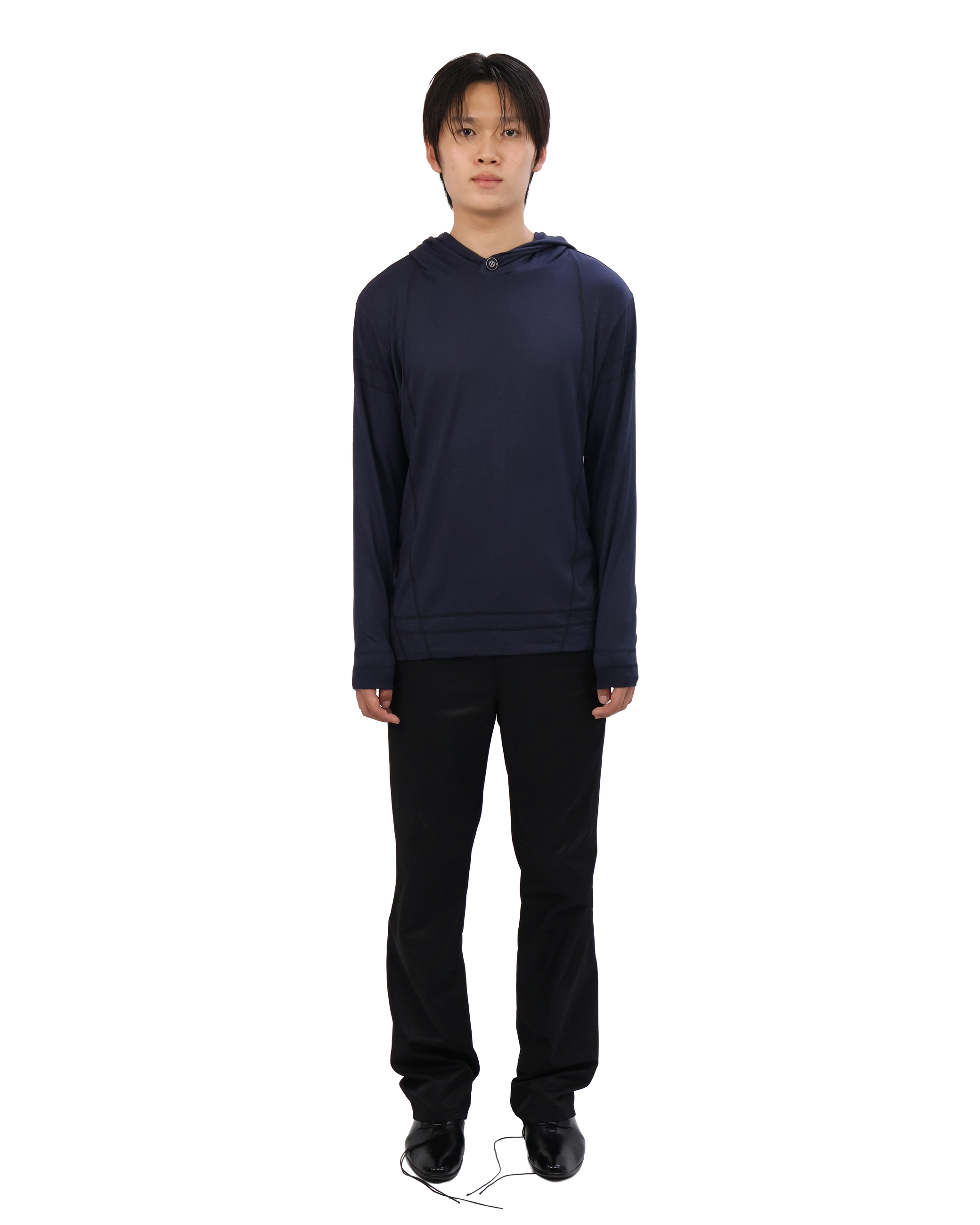 Buttoned Neck Hoodie -  Navy