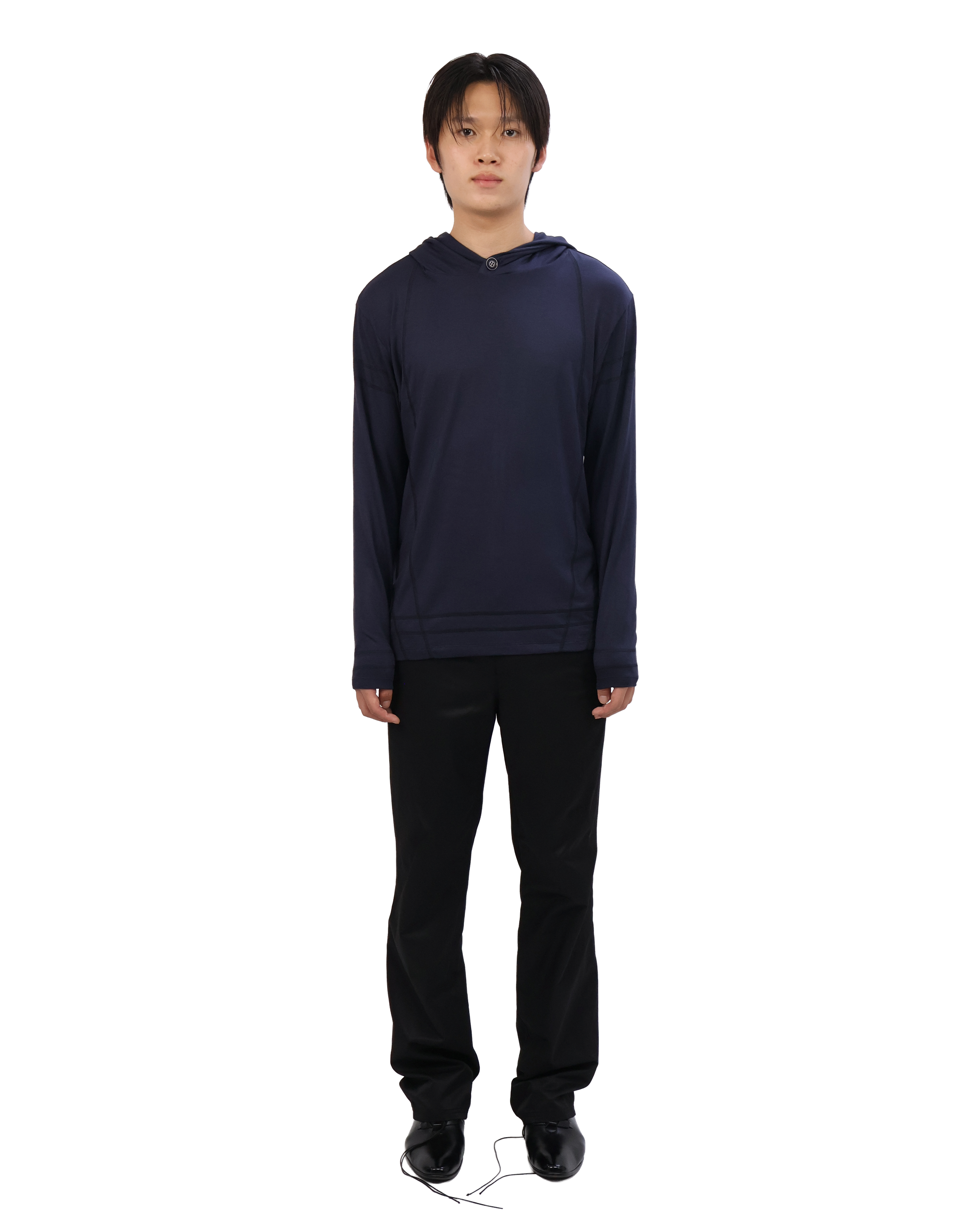 Buttoned Neck Hoodie -  Navy