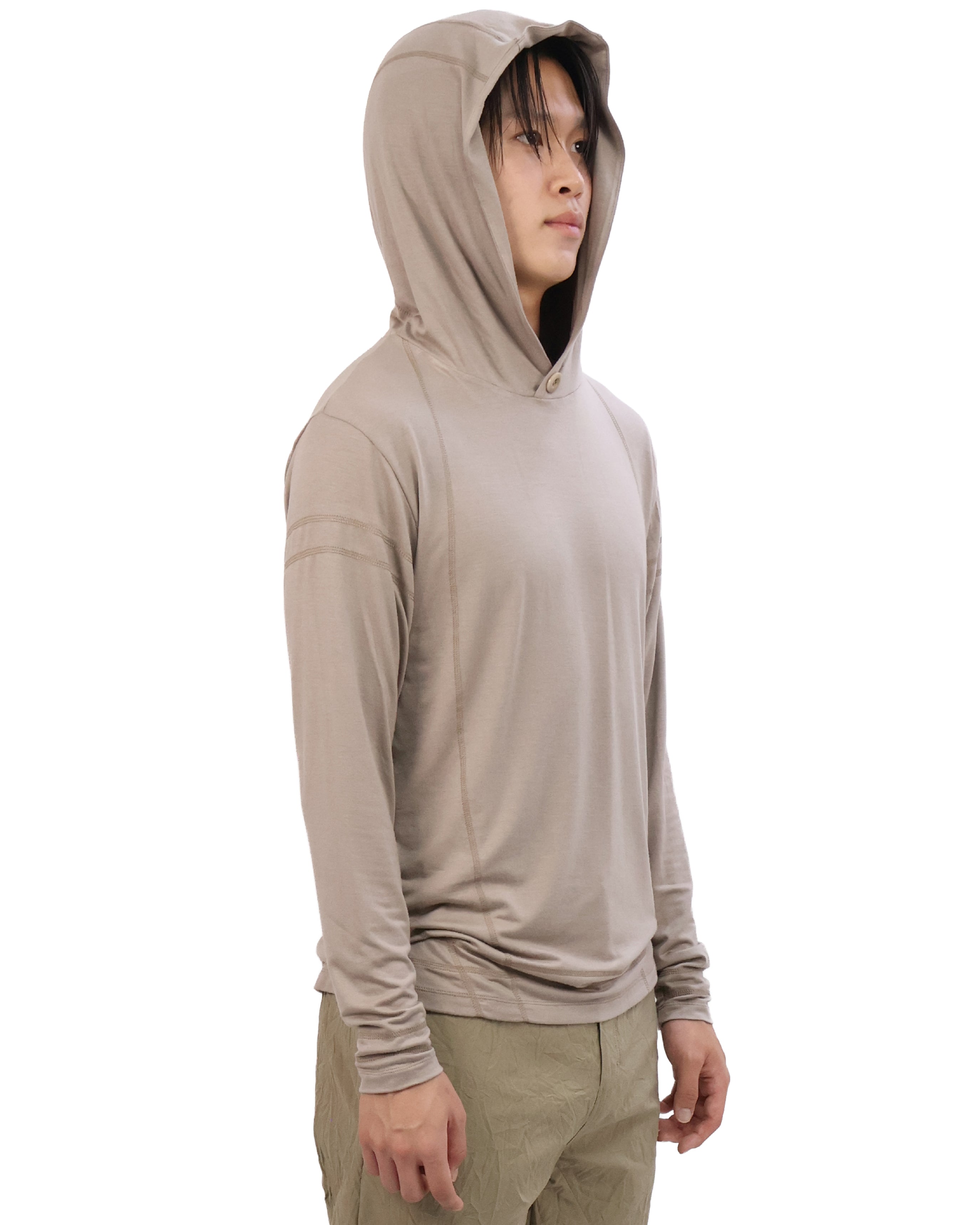 Buttoned Neck Hoodie -  Beige