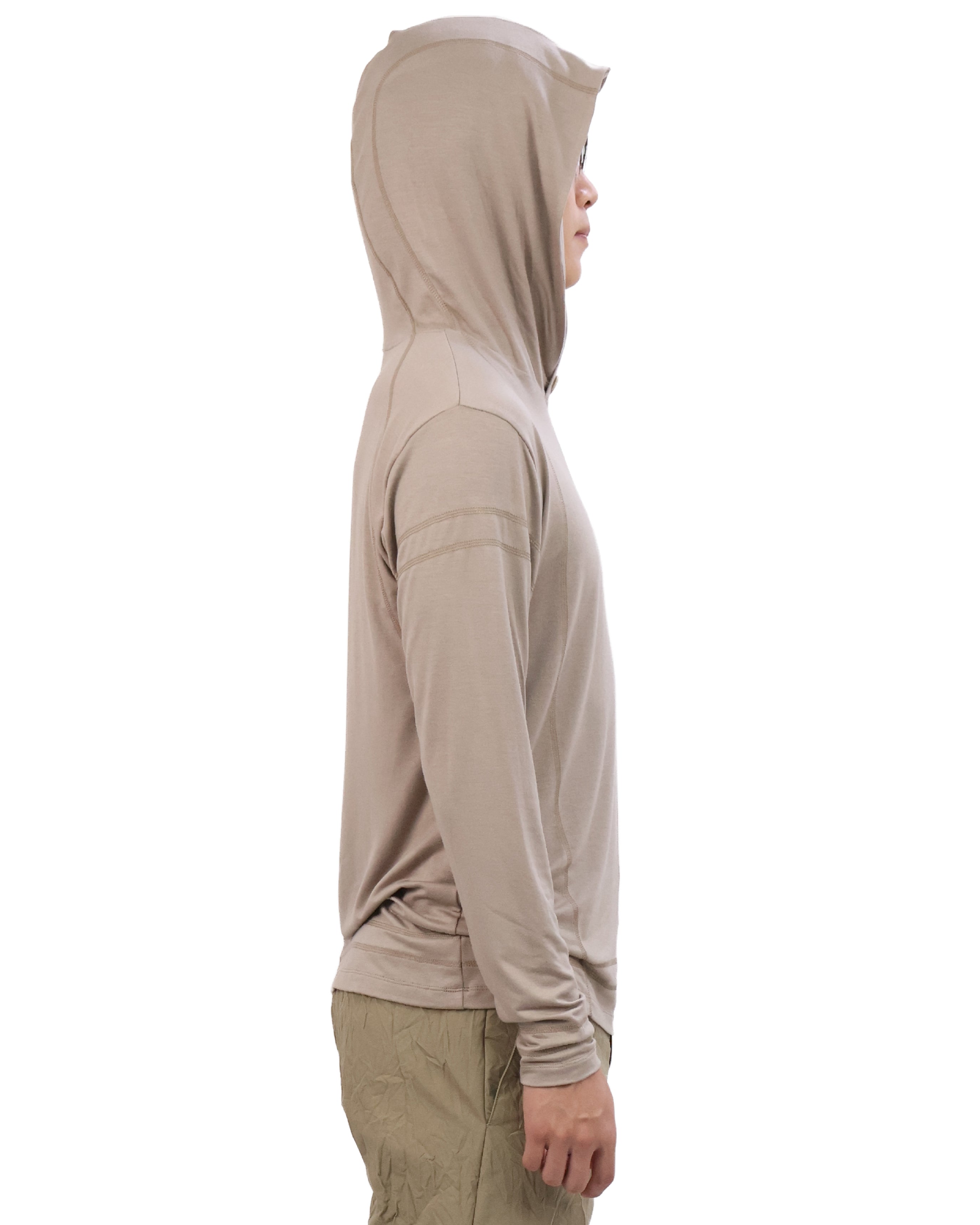 Buttoned Neck Hoodie -  Beige