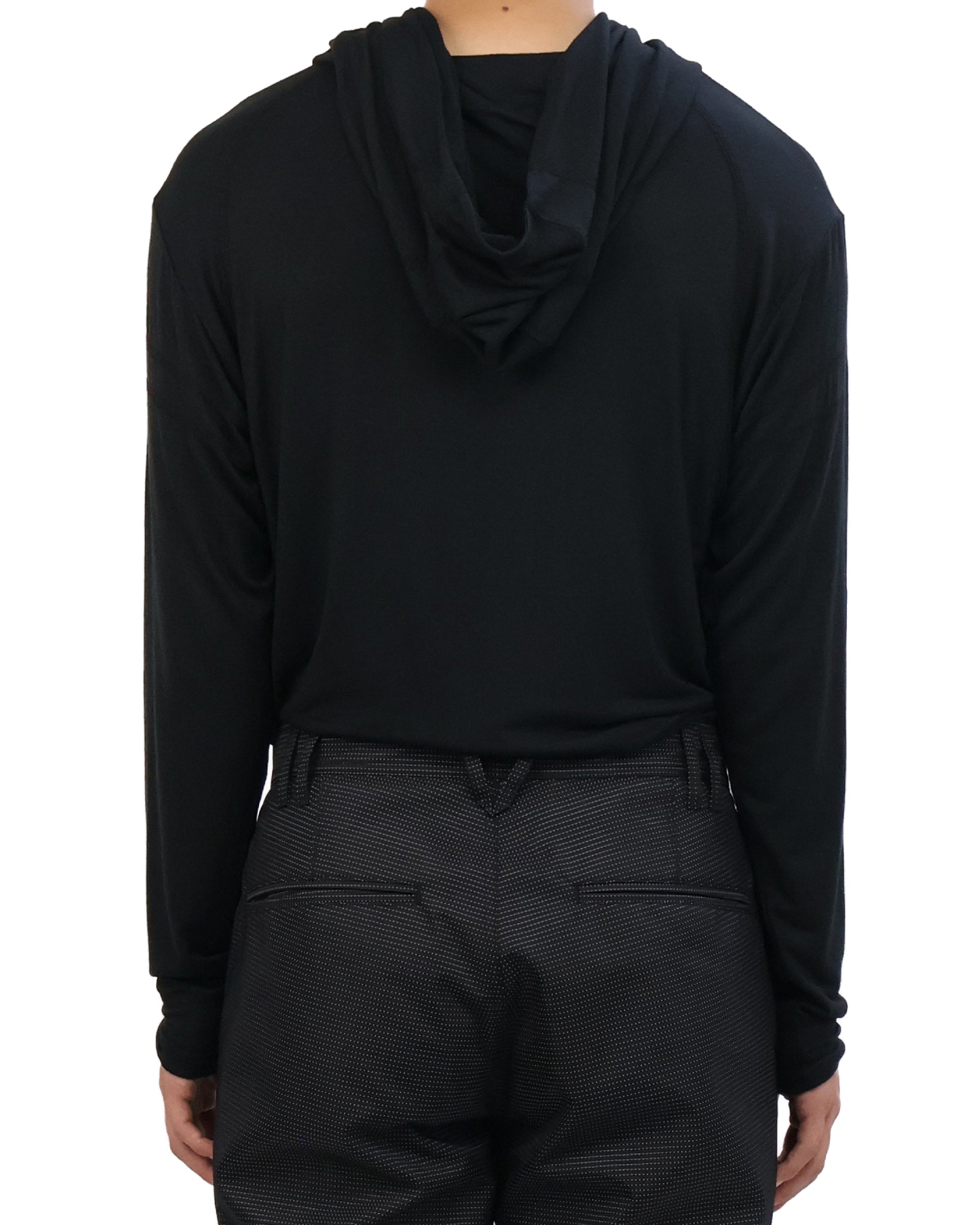 Buttoned Neck Hoodie -  Black