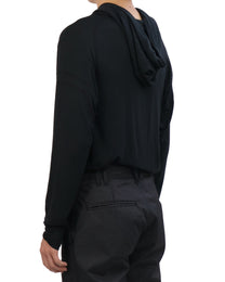 Buttoned Neck Hoodie -  Black