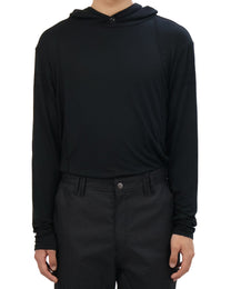 Buttoned Neck Hoodie -  Black