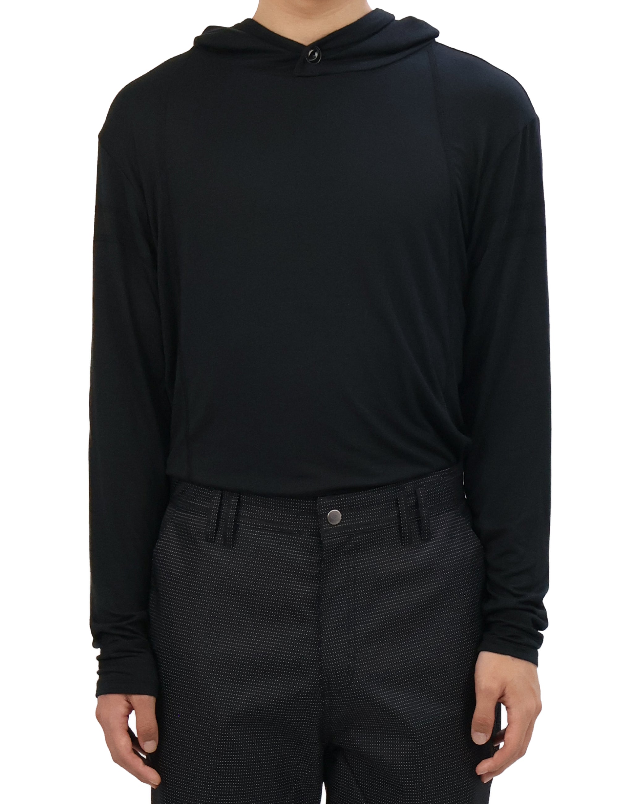 Buttoned Neck Hoodie -  Black