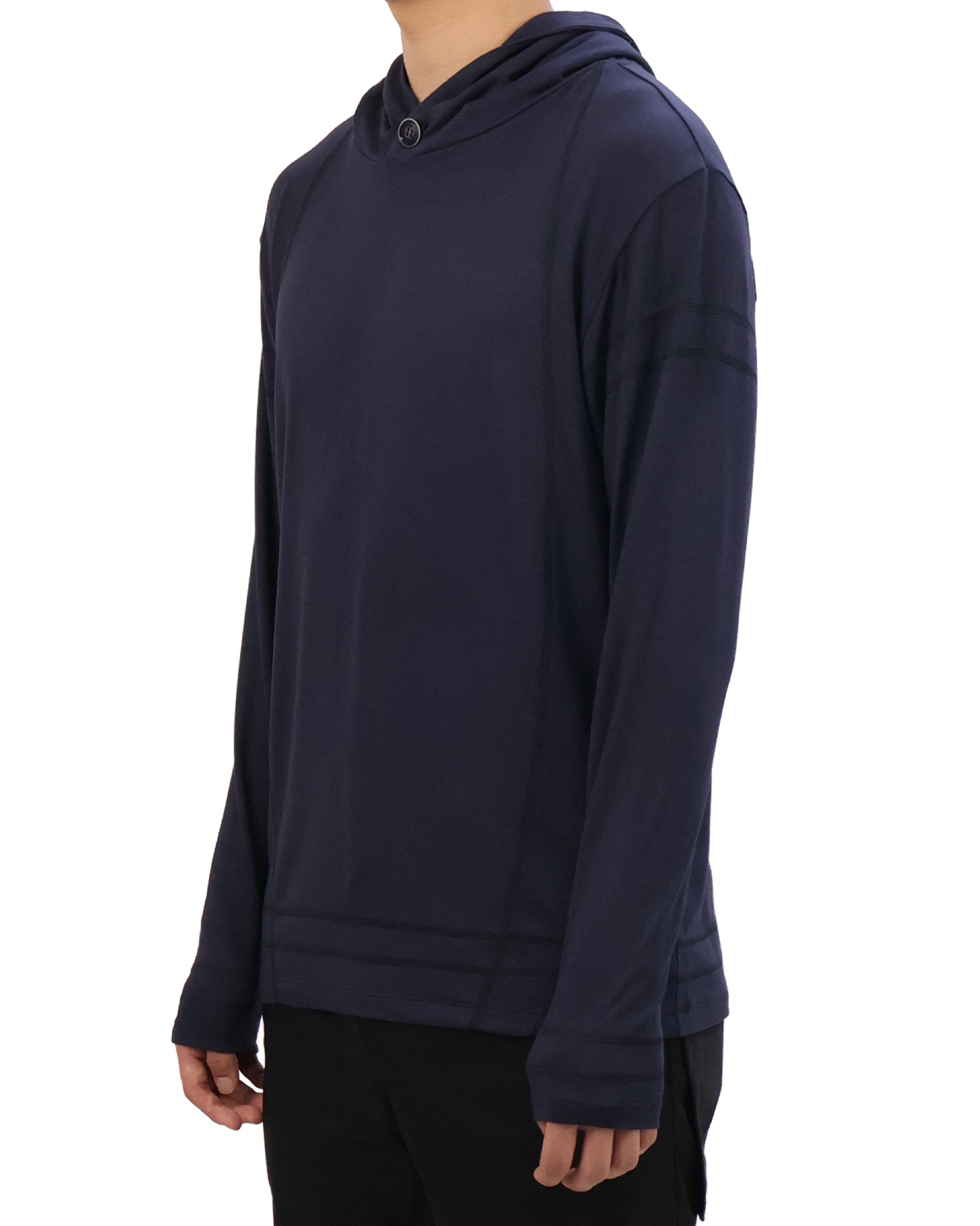 Buttoned Neck Hoodie -  Navy