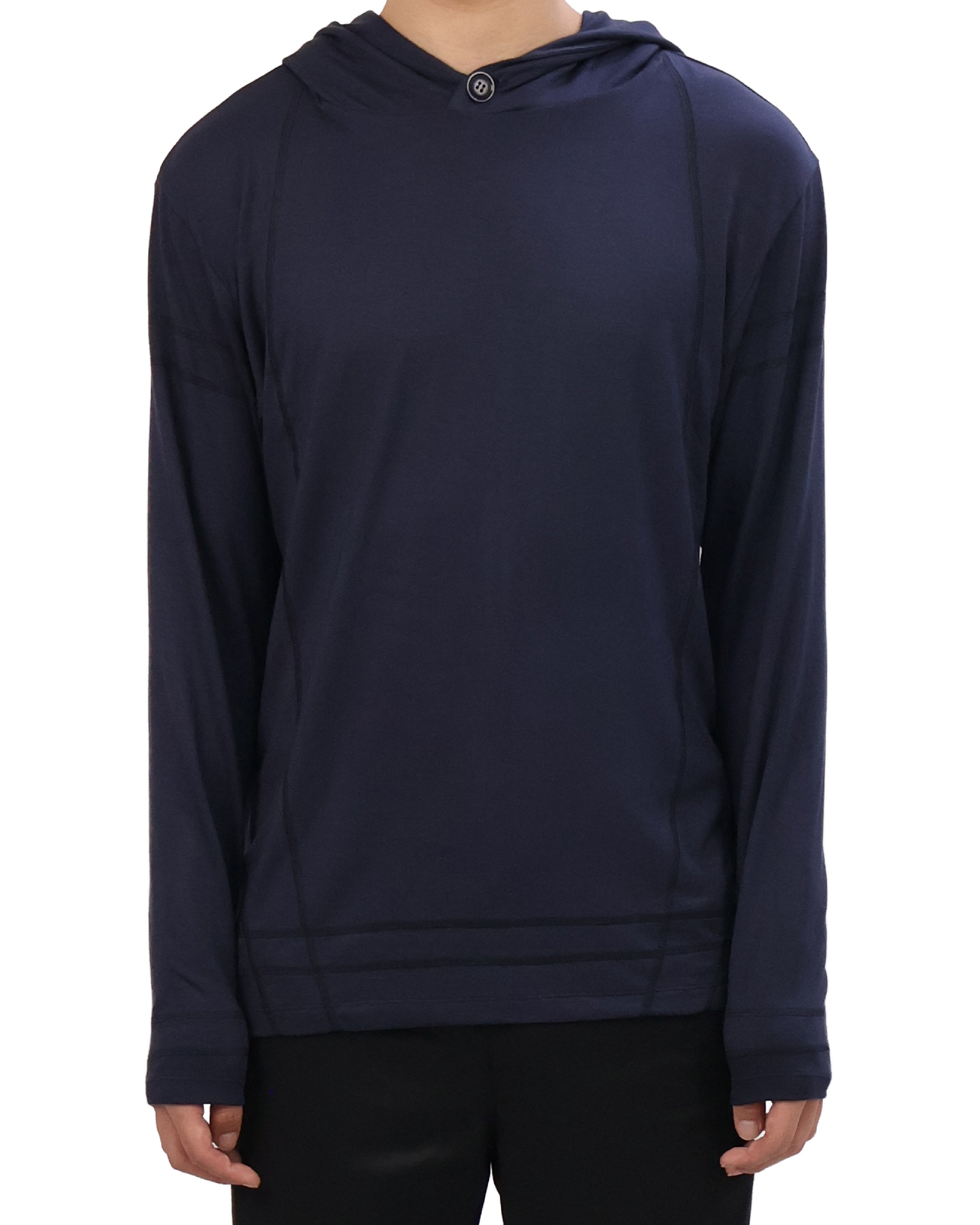 Buttoned Neck Hoodie -  Navy