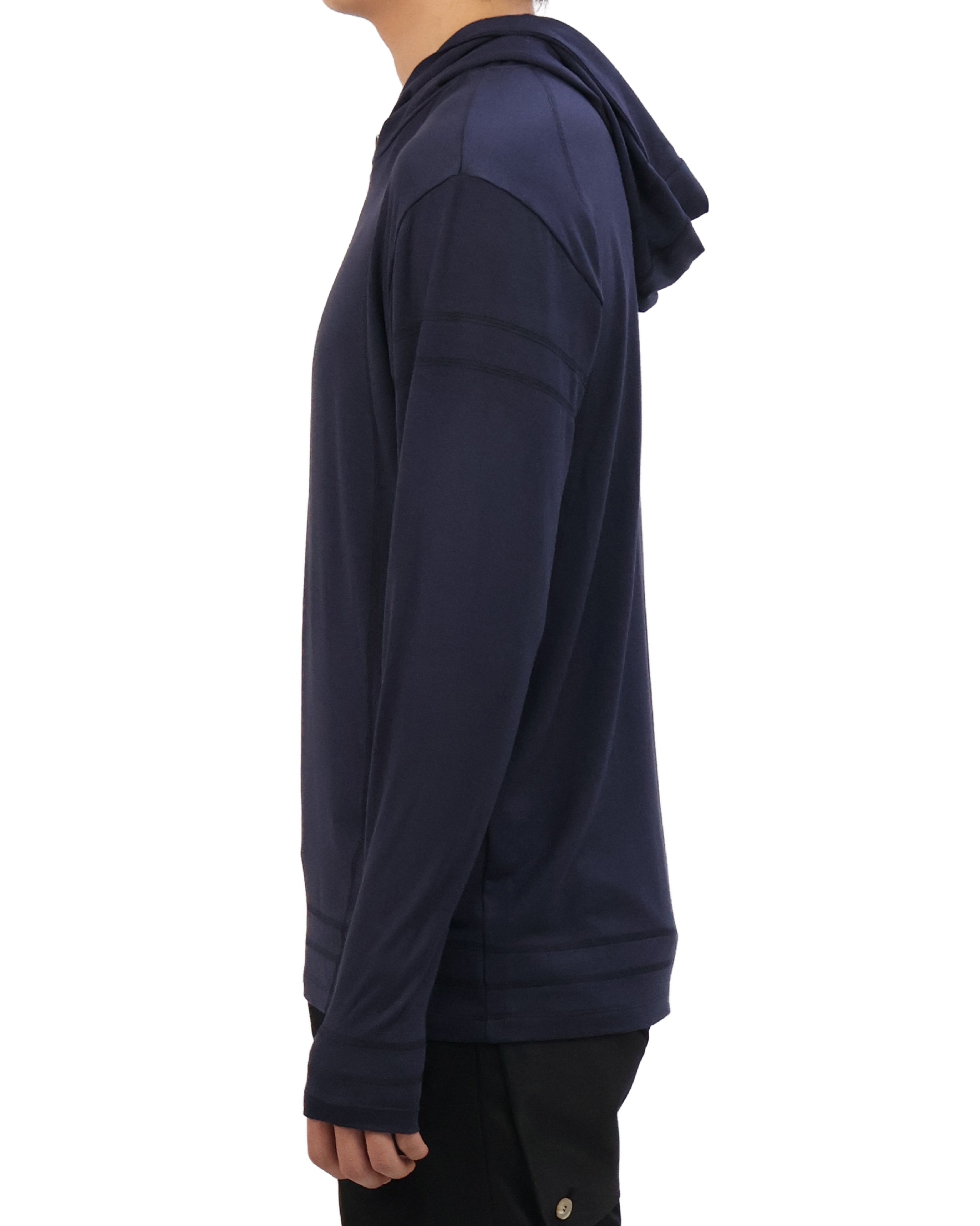 Buttoned Neck Hoodie -  Navy