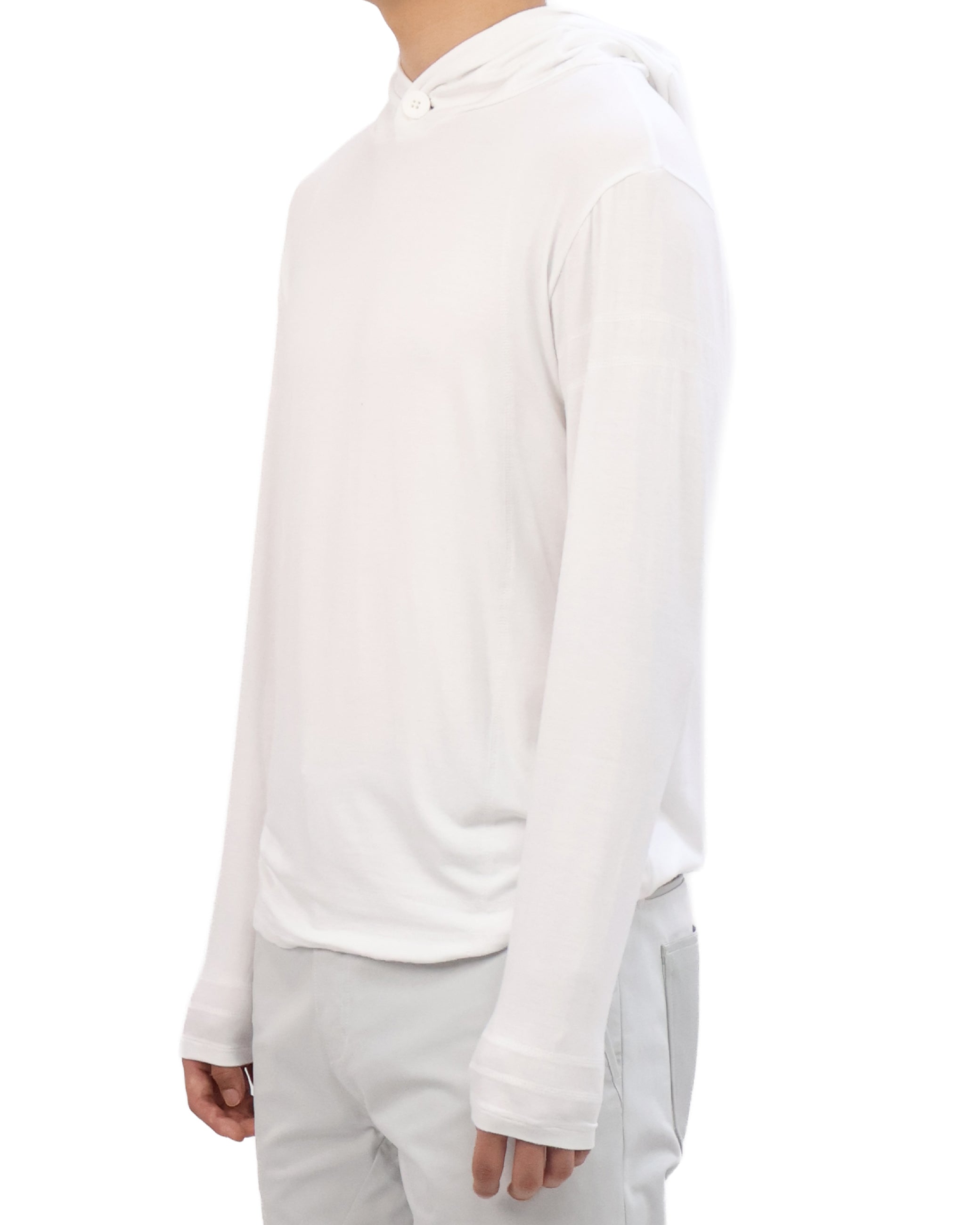 Buttoned Neck Hoodie -  White