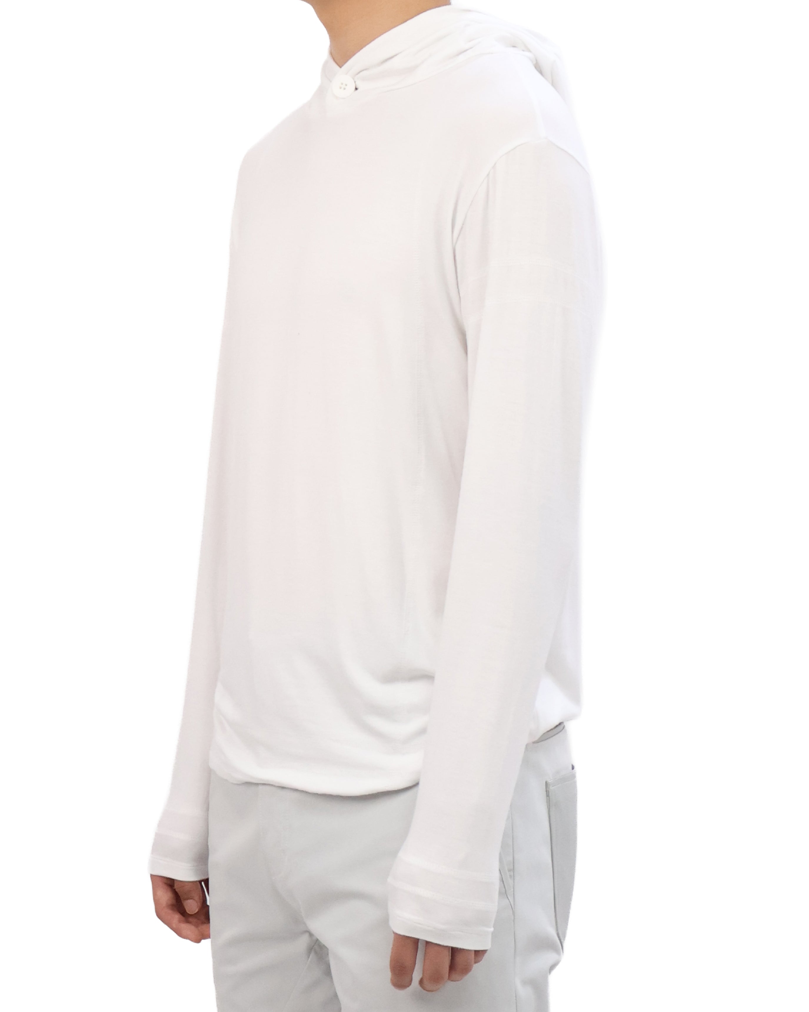Buttoned Neck Hoodie -  White
